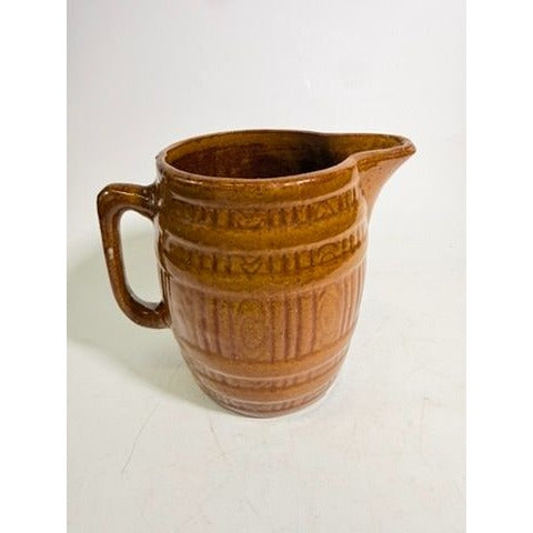 Stoneware Pottery Pitcher Glazed Barrel Rustic Farmhouse Vintage Brown Large Faux Wood Primitive Cottage Granny Core
