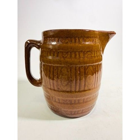 Stoneware Pottery Pitcher Glazed Barrel Rustic Farmhouse Vintage Brown Large Faux Wood Primitive Cottage Granny Core