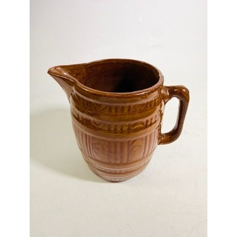Stoneware Pottery Pitcher Glazed Barrel Rustic Farmhouse Vintage Brown Large Faux Wood Primitive Cottage Granny Core