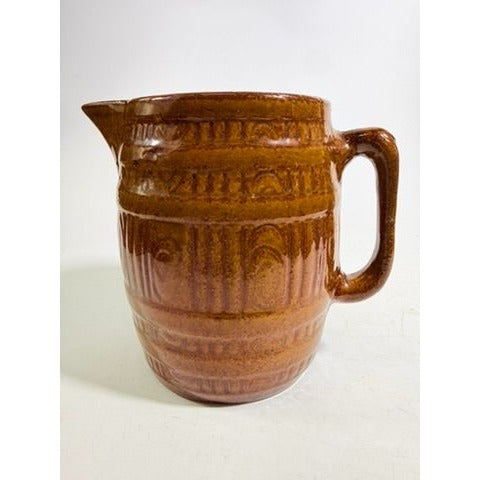 Stoneware Pottery Pitcher Glazed Barrel Rustic Farmhouse Vintage Brown Large Faux Wood Primitive Cottage Granny Core