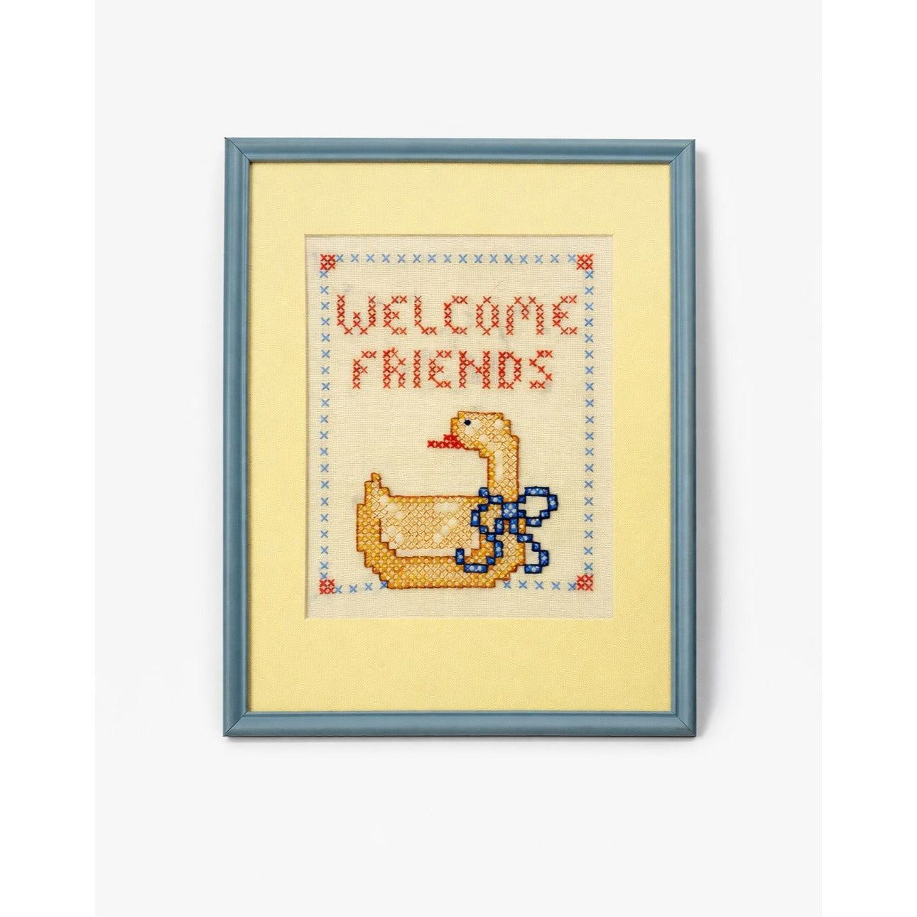 Embroidery Cross Stitch Wall Decor Framed Welcome Friends Vintage Duck Goose 1980s Handmade Cottage Grandma Core Farmhouse Needle Art