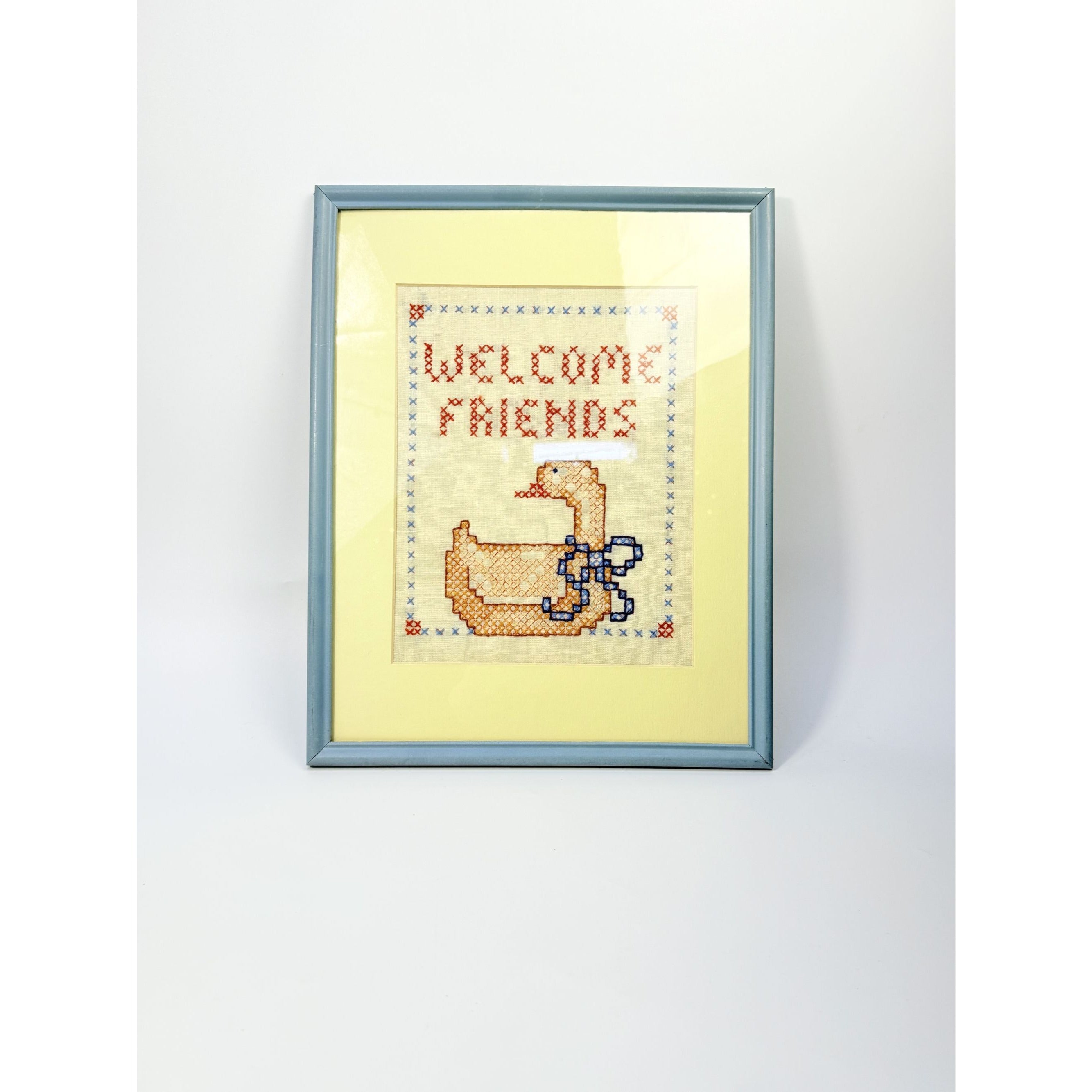 Embroidery Cross Stitch Wall Decor Framed Welcome Friends Vintage Duck Goose 1980s Handmade Cottage Grandma Core Farmhouse Needle Art