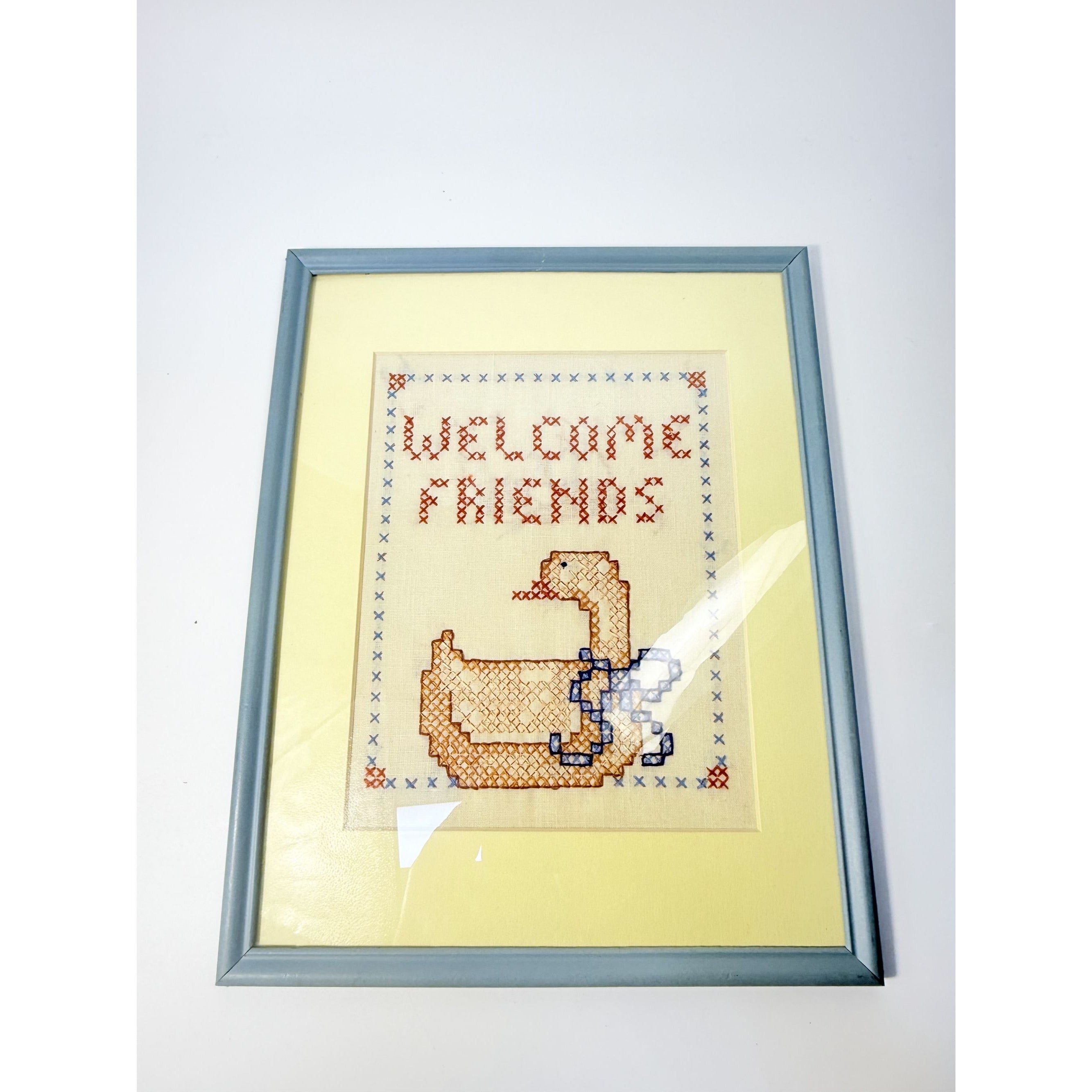 Embroidery Cross Stitch Wall Decor Framed Welcome Friends Vintage Duck Goose 1980s Handmade Cottage Grandma Core Farmhouse Needle Art
