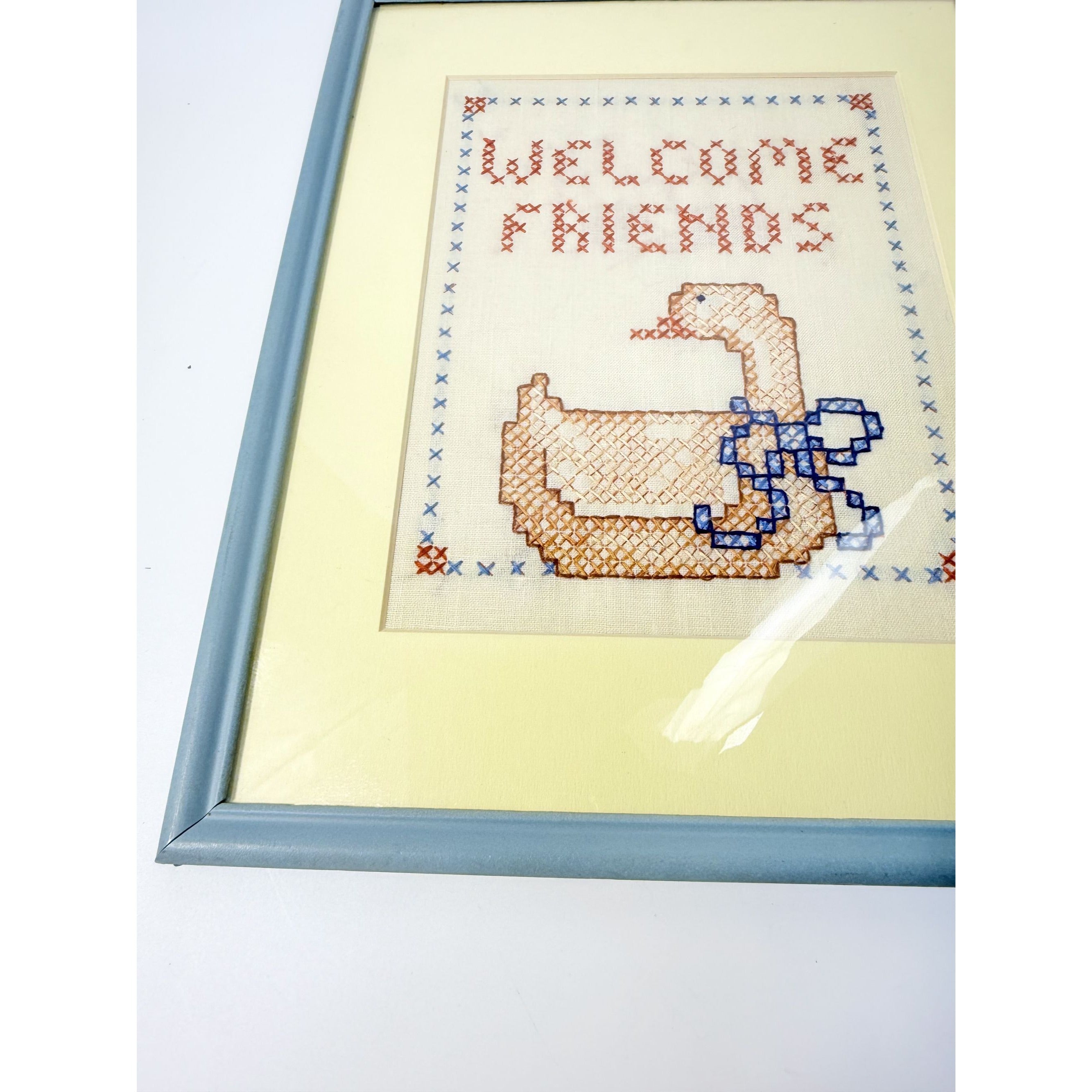 Embroidery Cross Stitch Wall Decor Framed Welcome Friends Vintage Duck Goose 1980s Handmade Cottage Grandma Core Farmhouse Needle Art