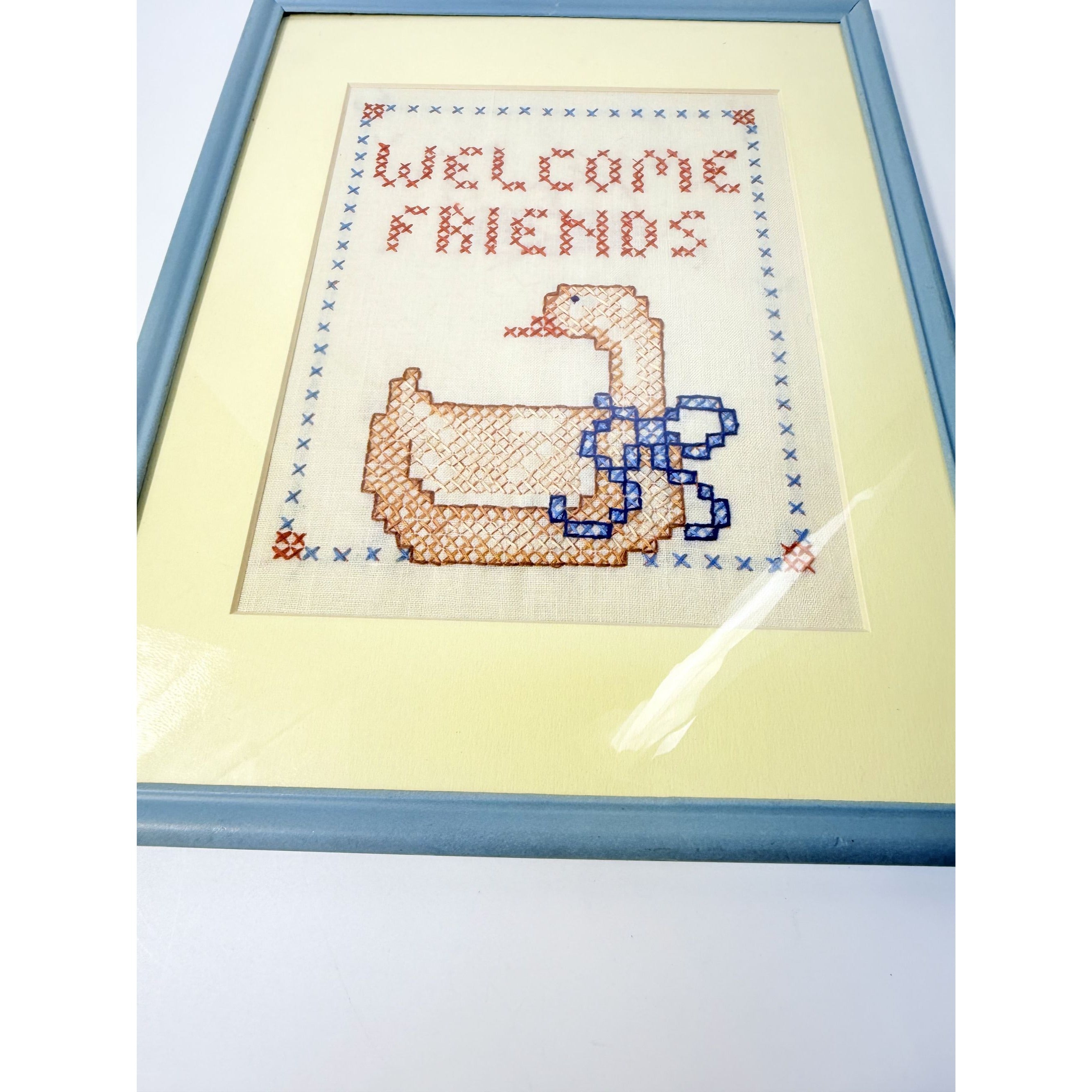 Embroidery Cross Stitch Wall Decor Framed Welcome Friends Vintage Duck Goose 1980s Handmade Cottage Grandma Core Farmhouse Needle Art