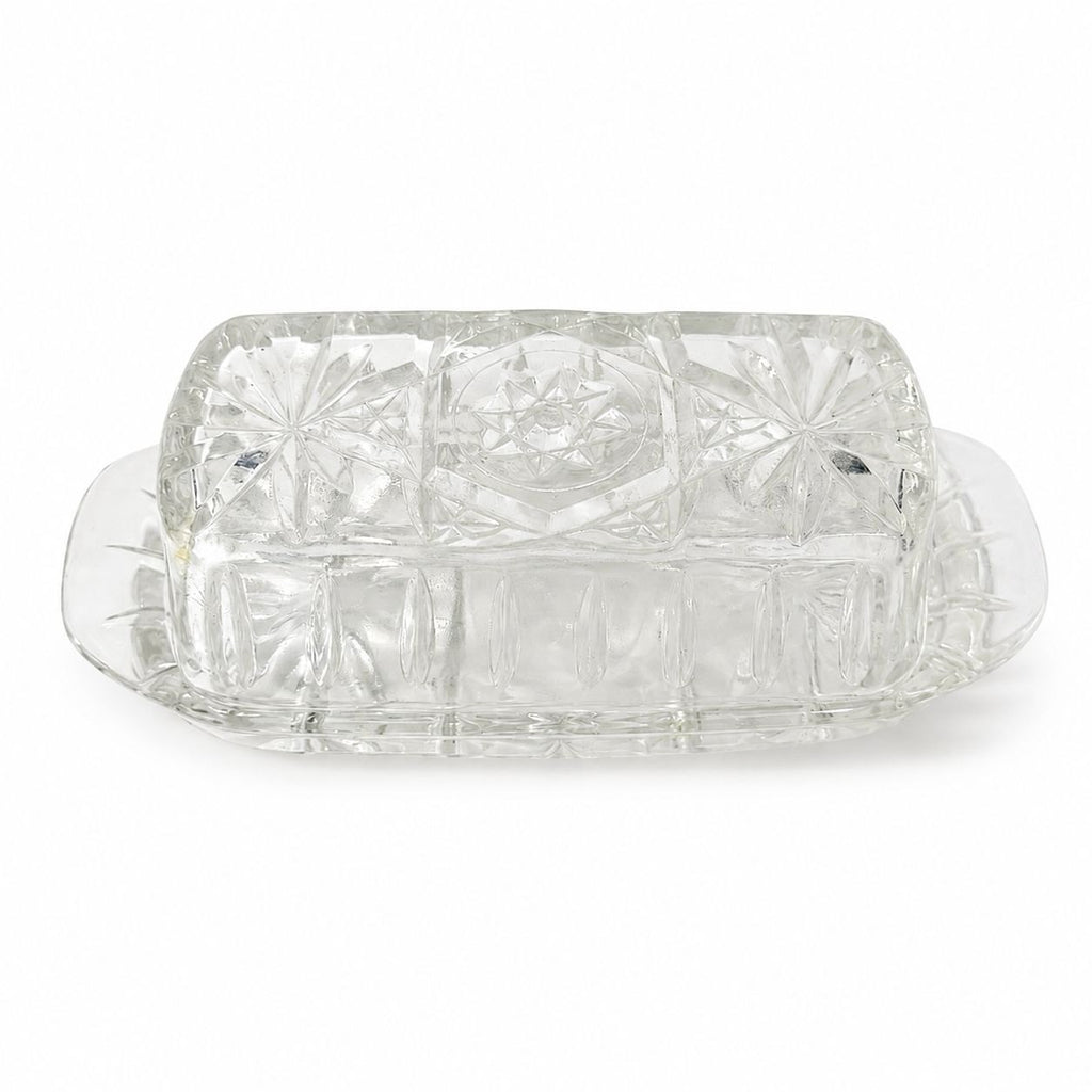 Covered Butter Dish Clear Glass Anchor Hocking Star Of David American Prescut 1/4 LB Replacement Kitchenware Glassware Vintage Refirgerator