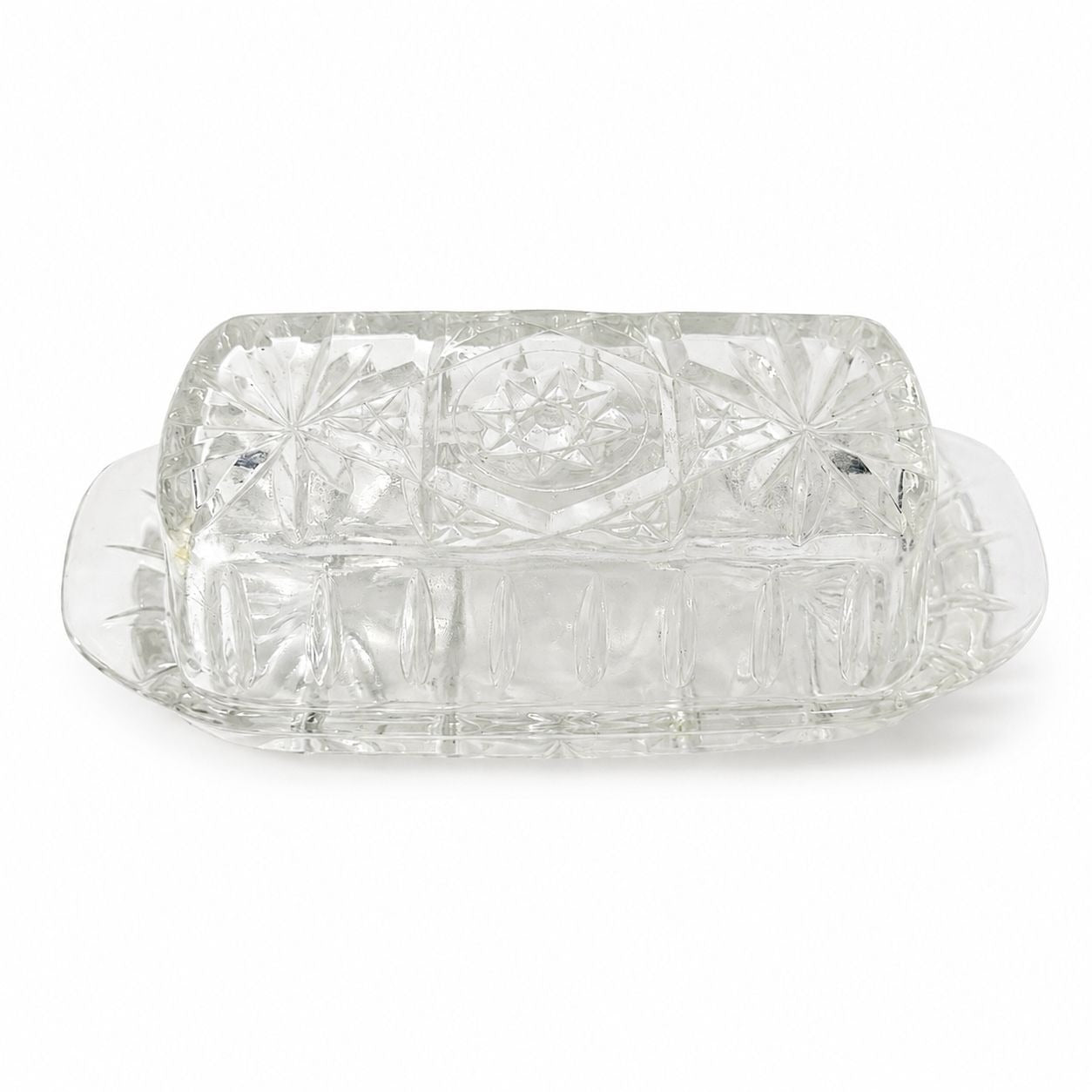 Covered Butter Dish Clear Glass Anchor Hocking Star Of David American Prescut 1/4 LB Replacement Kitchenware Glassware Vintage Refirgerator