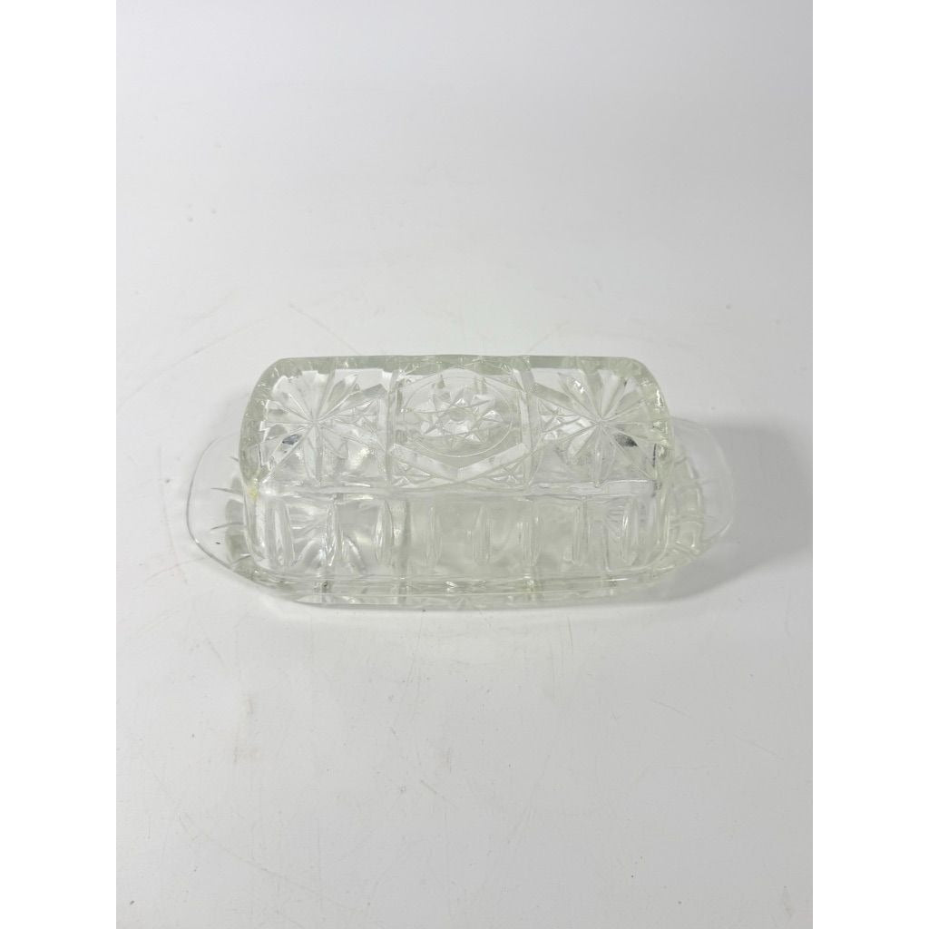 Covered Butter Dish Clear Glass Anchor Hocking Star Of David American Prescut 1/4 LB Replacement Kitchenware Glassware Vintage Refirgerator