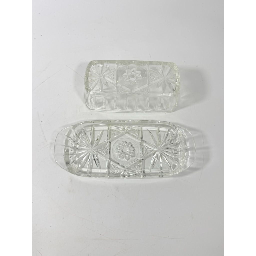 Covered Butter Dish Clear Glass Anchor Hocking Star Of David American Prescut 1/4 LB Replacement Kitchenware Glassware Vintage Refirgerator