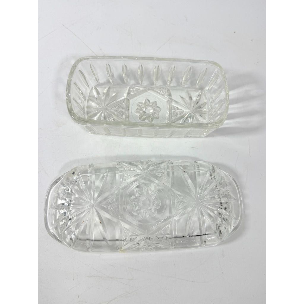 Covered Butter Dish Clear Glass Anchor Hocking Star Of David American Prescut 1/4 LB Replacement Kitchenware Glassware Vintage Refirgerator