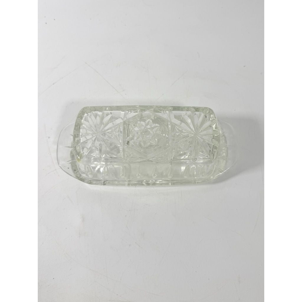 Covered Butter Dish Clear Glass Anchor Hocking Star Of David American Prescut 1/4 LB Replacement Kitchenware Glassware Vintage Refirgerator