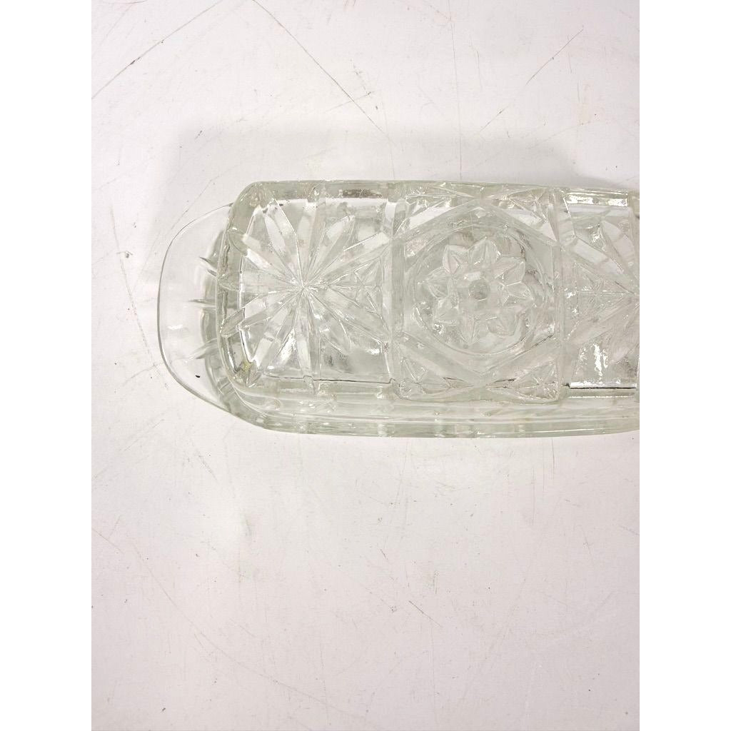 Covered Butter Dish Clear Glass Anchor Hocking Star Of David American Prescut 1/4 LB Replacement Kitchenware Glassware Vintage Refirgerator