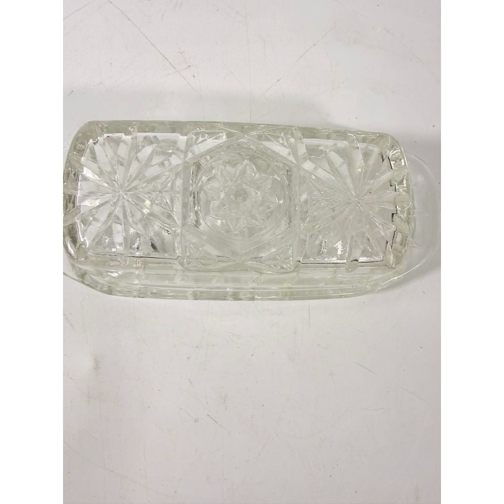 Covered Butter Dish Clear Glass Anchor Hocking Star Of David American Prescut 1/4 LB Replacement Kitchenware Glassware Vintage Refirgerator