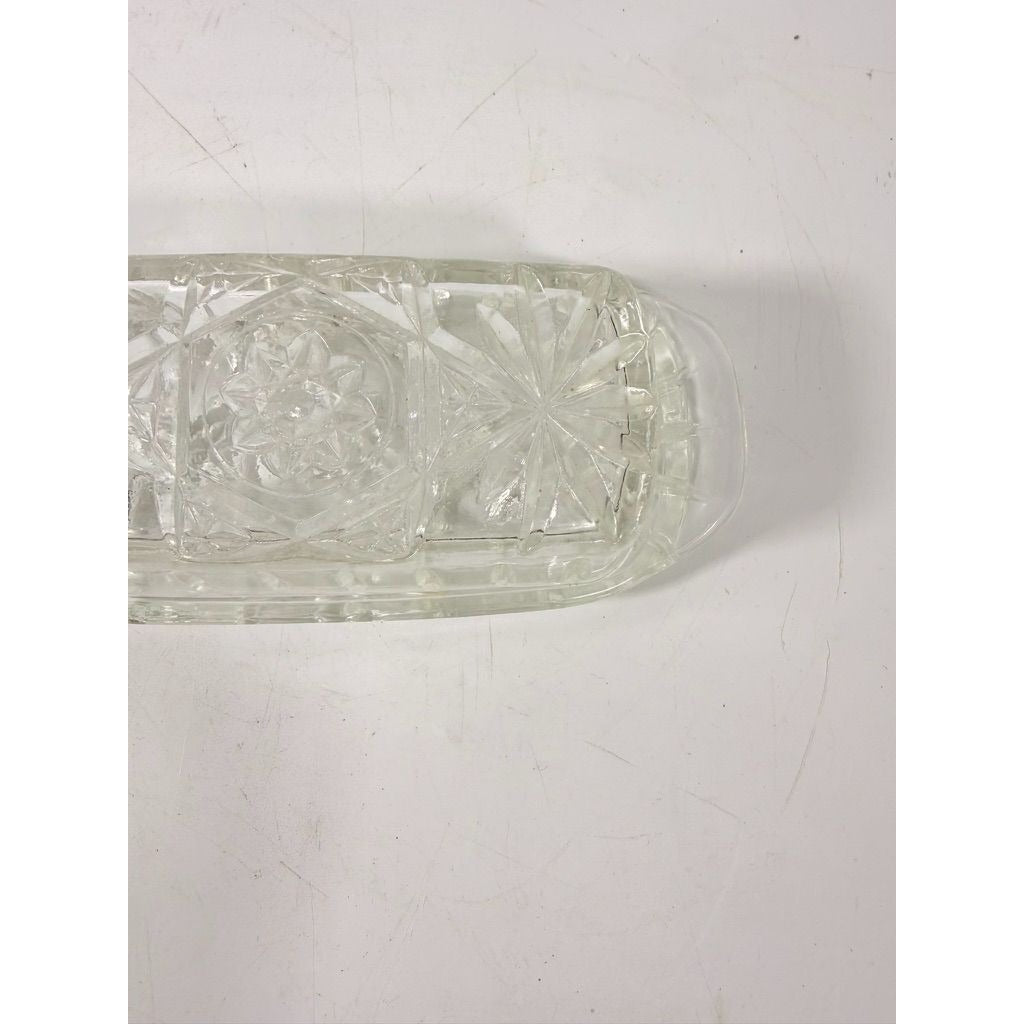 Covered Butter Dish Clear Glass Anchor Hocking Star Of David American Prescut 1/4 LB Replacement Kitchenware Glassware Vintage Refirgerator