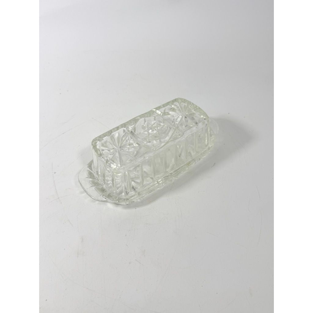 Covered Butter Dish Clear Glass Anchor Hocking Star Of David American Prescut 1/4 LB Replacement Kitchenware Glassware Vintage Refirgerator