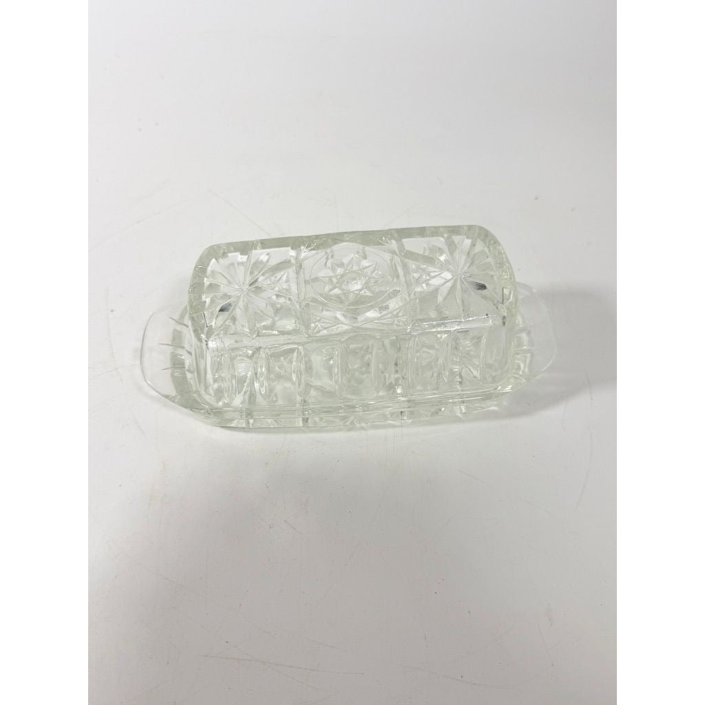 Covered Butter Dish Clear Glass Anchor Hocking Star Of David American Prescut 1/4 LB Replacement Kitchenware Glassware Vintage Refirgerator