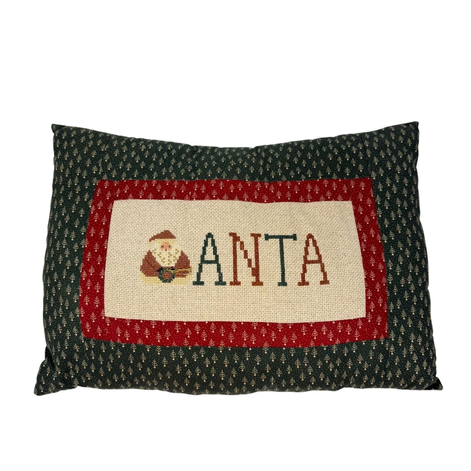 Santa Claus Throw Pillow Santa Cross Stitch Needlework Vintage Handmade Christmas Holiday Seasonal Country Primitive Cottage Granny Core