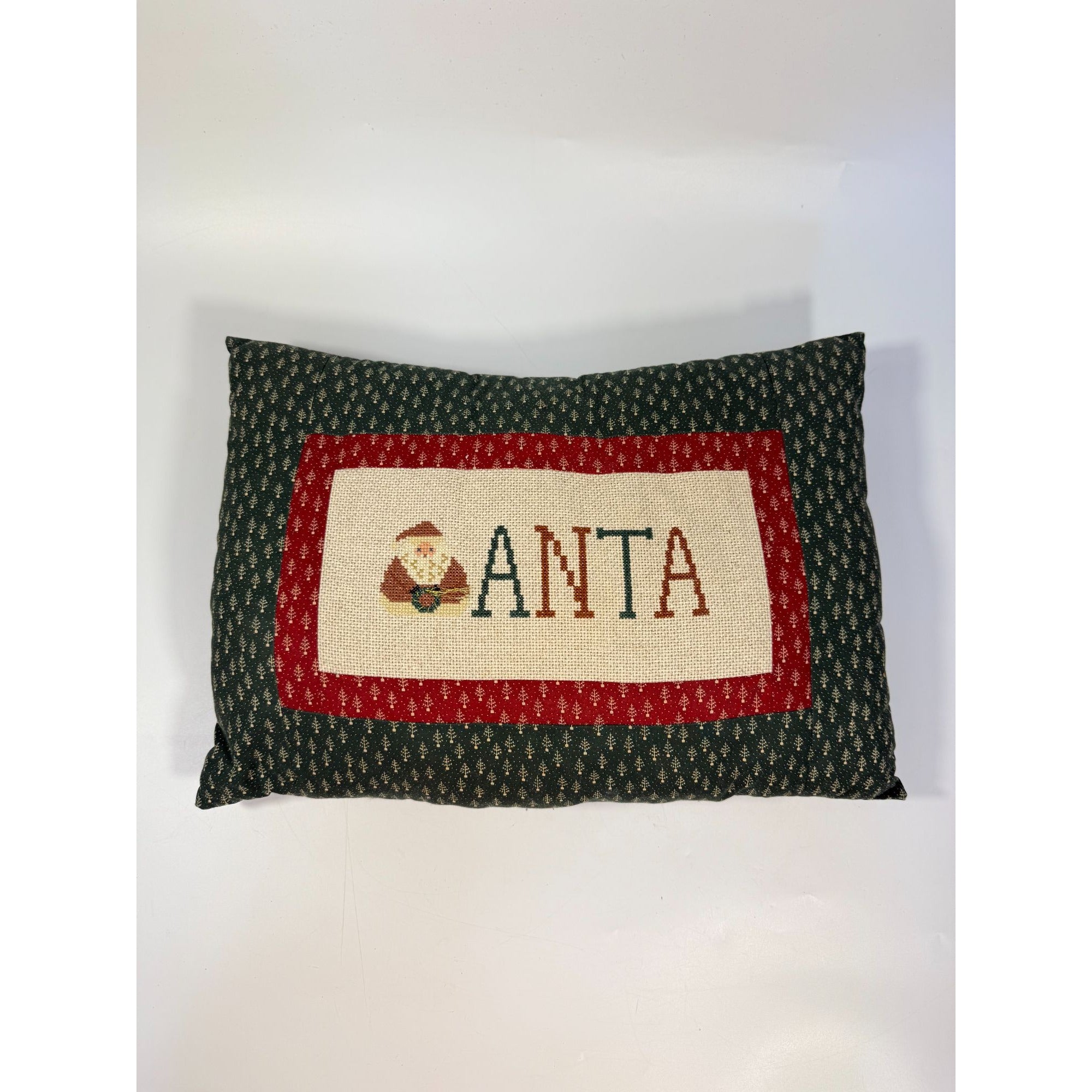 Santa Claus Throw Pillow Santa Cross Stitch Needlework Vintage Handmade Christmas Holiday Seasonal Country Primitive Cottage Granny Core