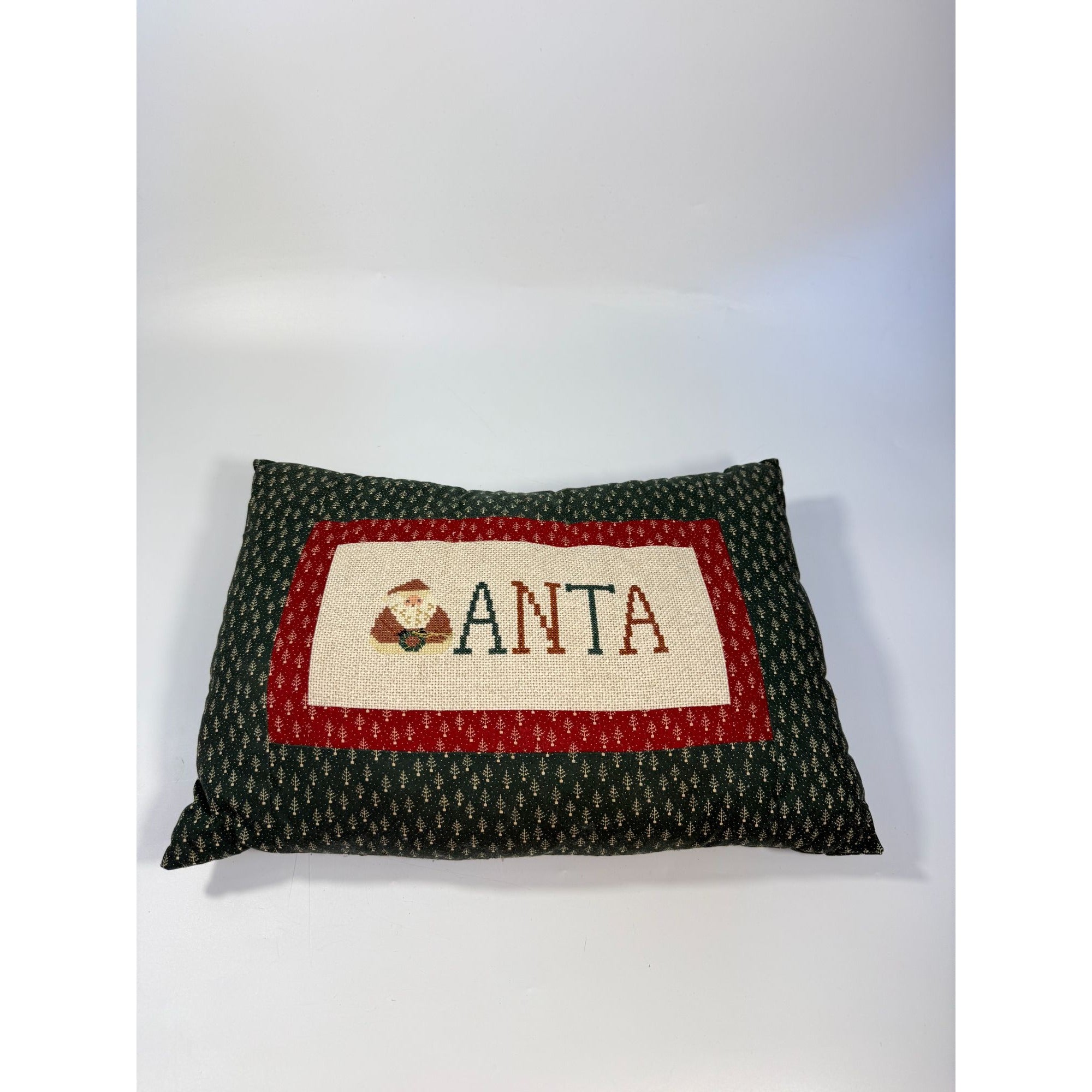 Santa Claus Throw Pillow Santa Cross Stitch Needlework Vintage Handmade Christmas Holiday Seasonal Country Primitive Cottage Granny Core