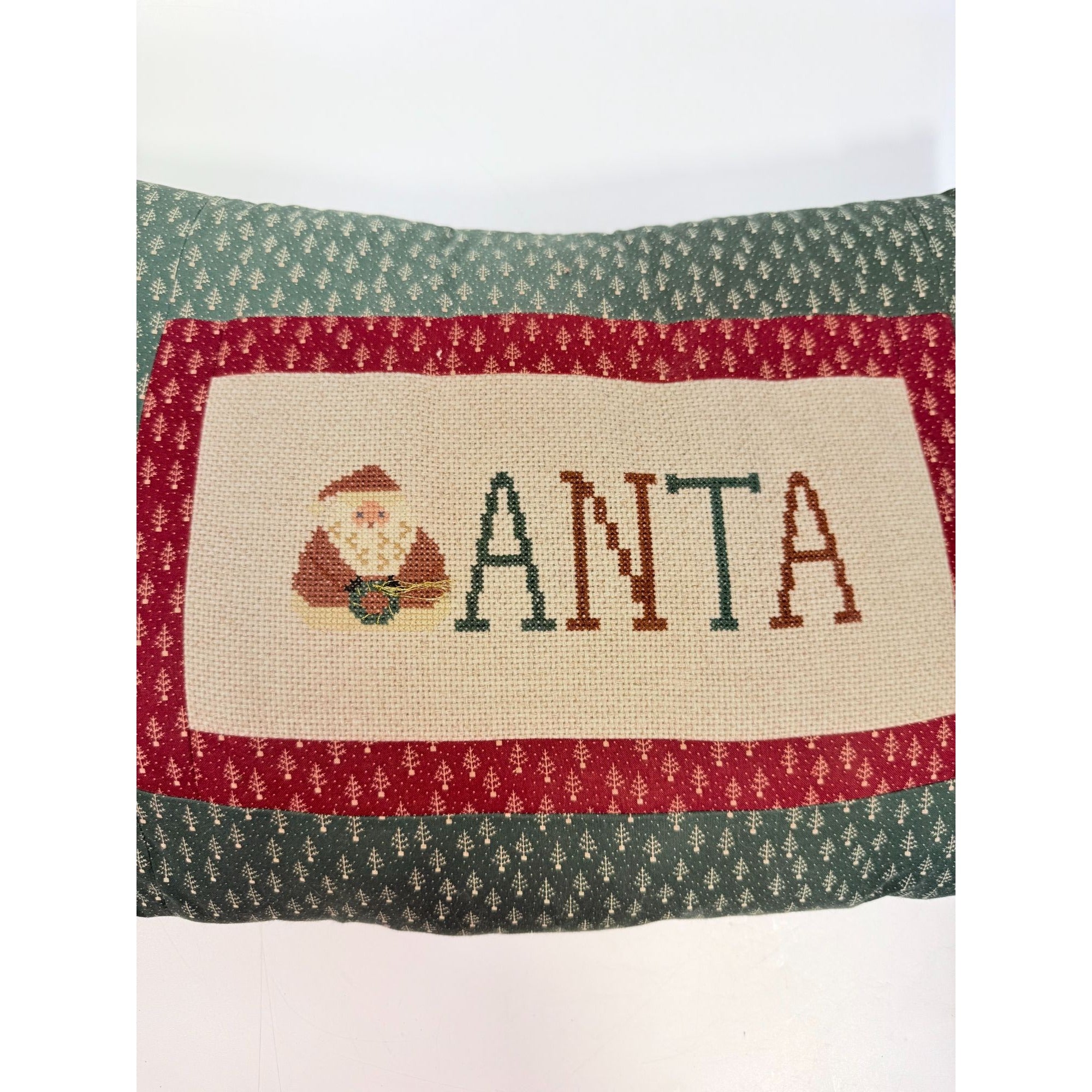 Santa Claus Throw Pillow Santa Cross Stitch Needlework Vintage Handmade Christmas Holiday Seasonal Country Primitive Cottage Granny Core