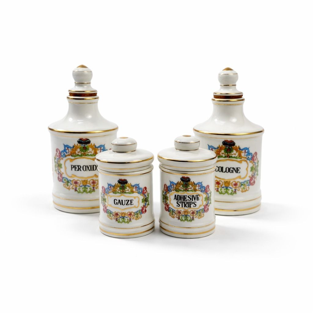 Apothecary Jars Paris France Style Porcelain Hand Painted Gold Trim Made in Japan Set 4 Bathroom Boudoir White Gold Canisters Decorative