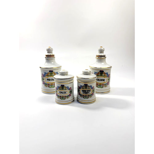 Apothecary Jars Paris France Style Porcelain Hand Painted Gold Trim Made in Japan Set 4 Bathroom Boudoir White Gold Canisters Decorative