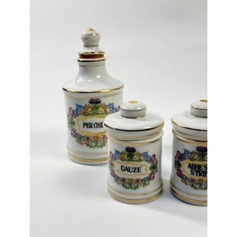 Apothecary Jars Paris France Style Porcelain Hand Painted Gold Trim Made in Japan Set 4 Bathroom Boudoir White Gold Canisters Decorative