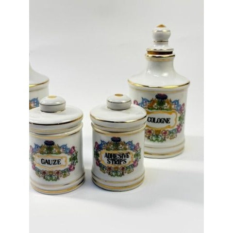 Apothecary Jars Paris France Style Porcelain Hand Painted Gold Trim Made in Japan Set 4 Bathroom Boudoir White Gold Canisters Decorative