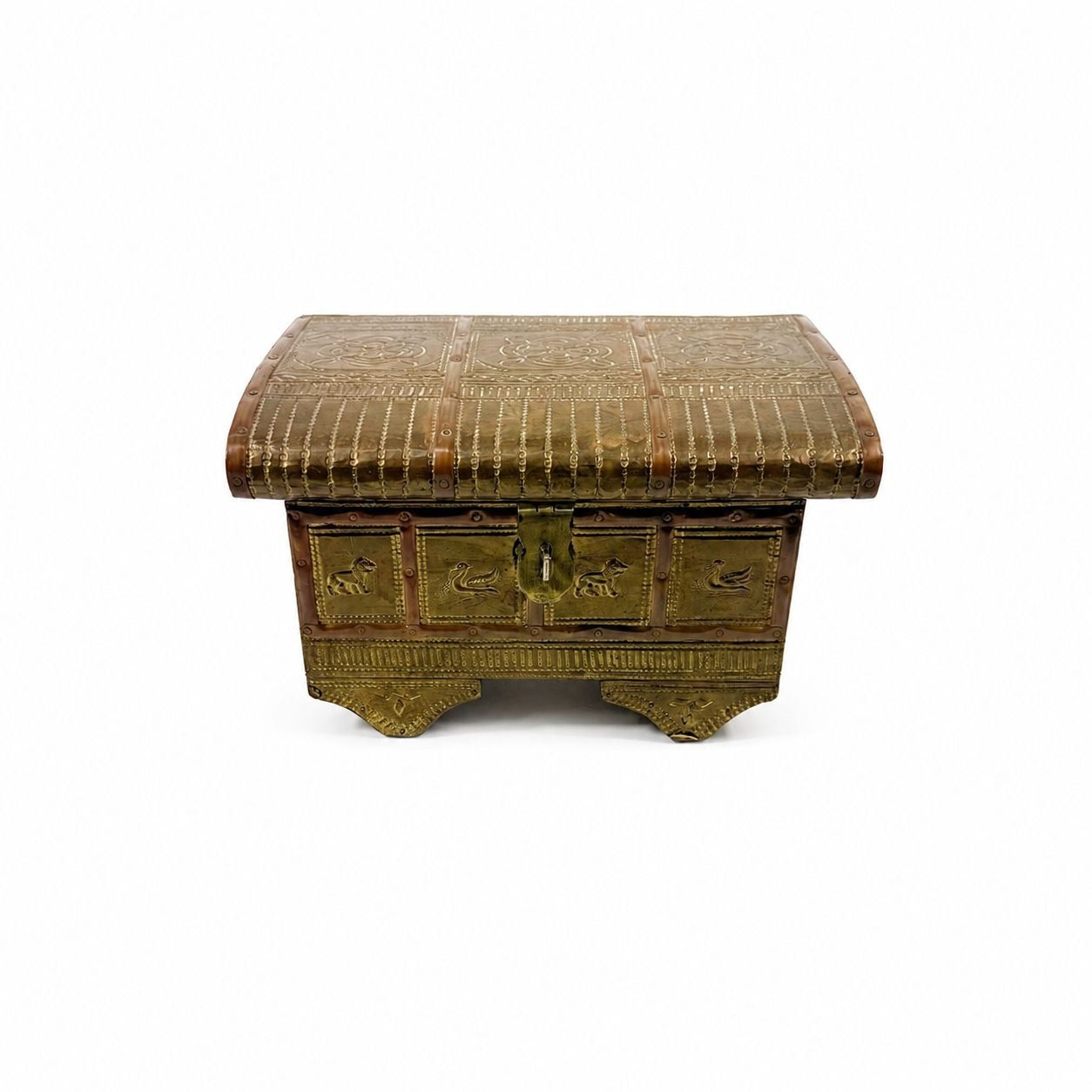 Brass Copper Jewelry Trinket Casket Hinge Box Embossed Hammered Floral Animals Vintage Indian Wood Mirror Velvet Lined Boudoir Vanity Decor