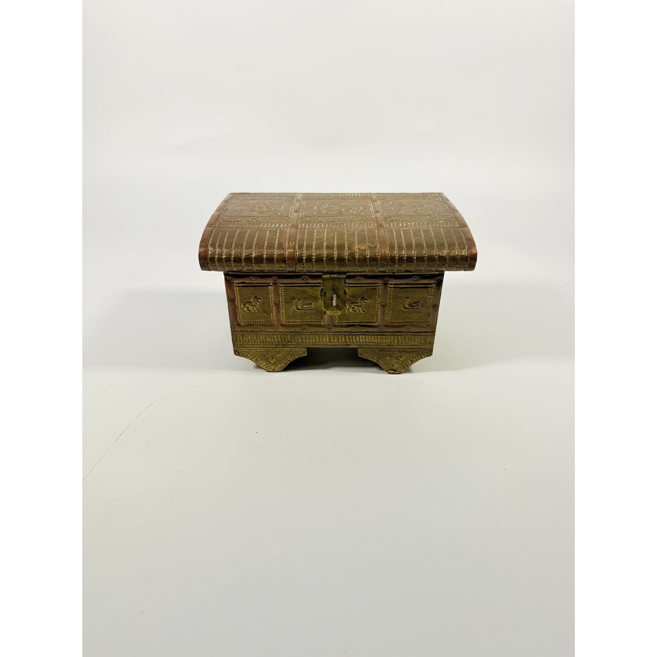 Brass Copper Jewelry Trinket Casket Hinge Box Embossed Hammered Floral Animals Vintage Indian Wood Mirror Velvet Lined Boudoir Vanity Decor