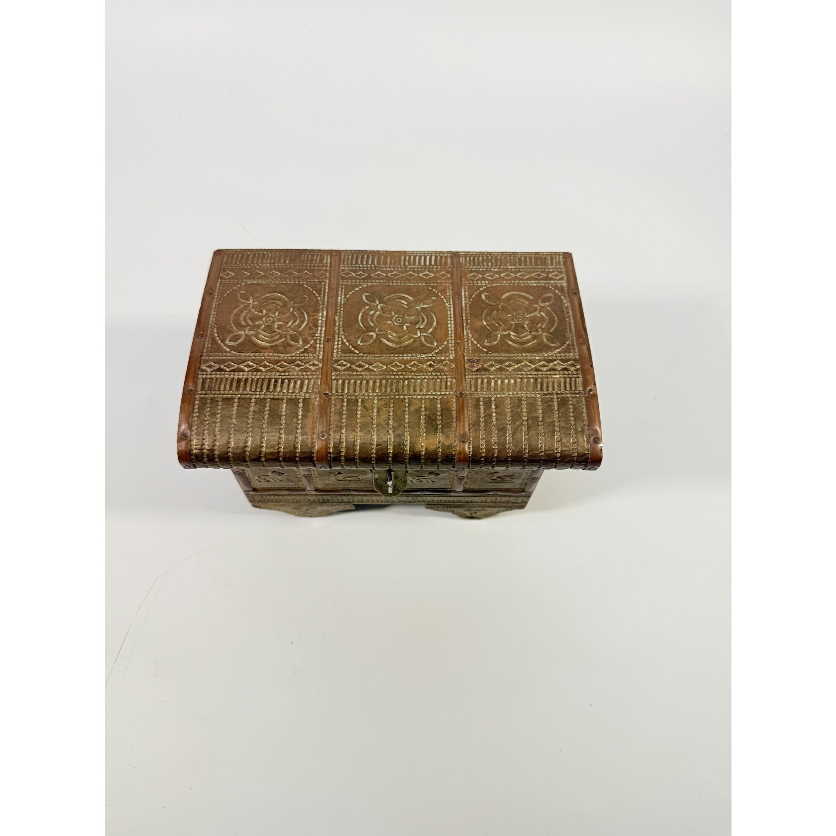 Brass Copper Jewelry Trinket Casket Hinge Box Embossed Hammered Floral Animals Vintage Indian Wood Mirror Velvet Lined Boudoir Vanity Decor
