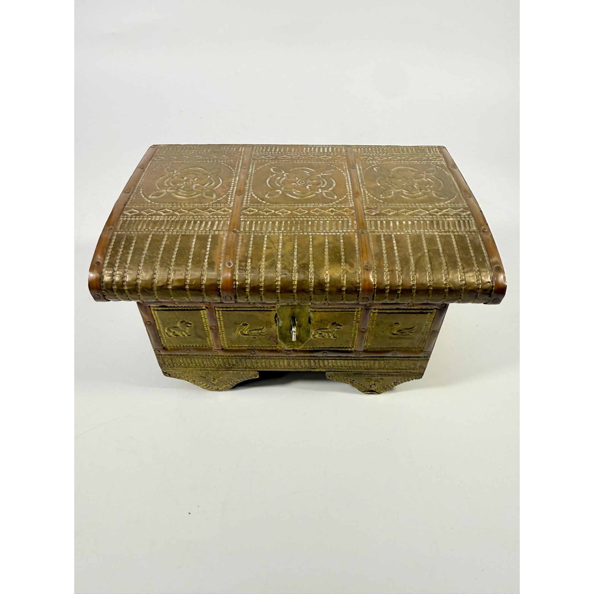 Brass Copper Jewelry Trinket Casket Hinge Box Embossed Hammered Floral Animals Vintage Indian Wood Mirror Velvet Lined Boudoir Vanity Decor