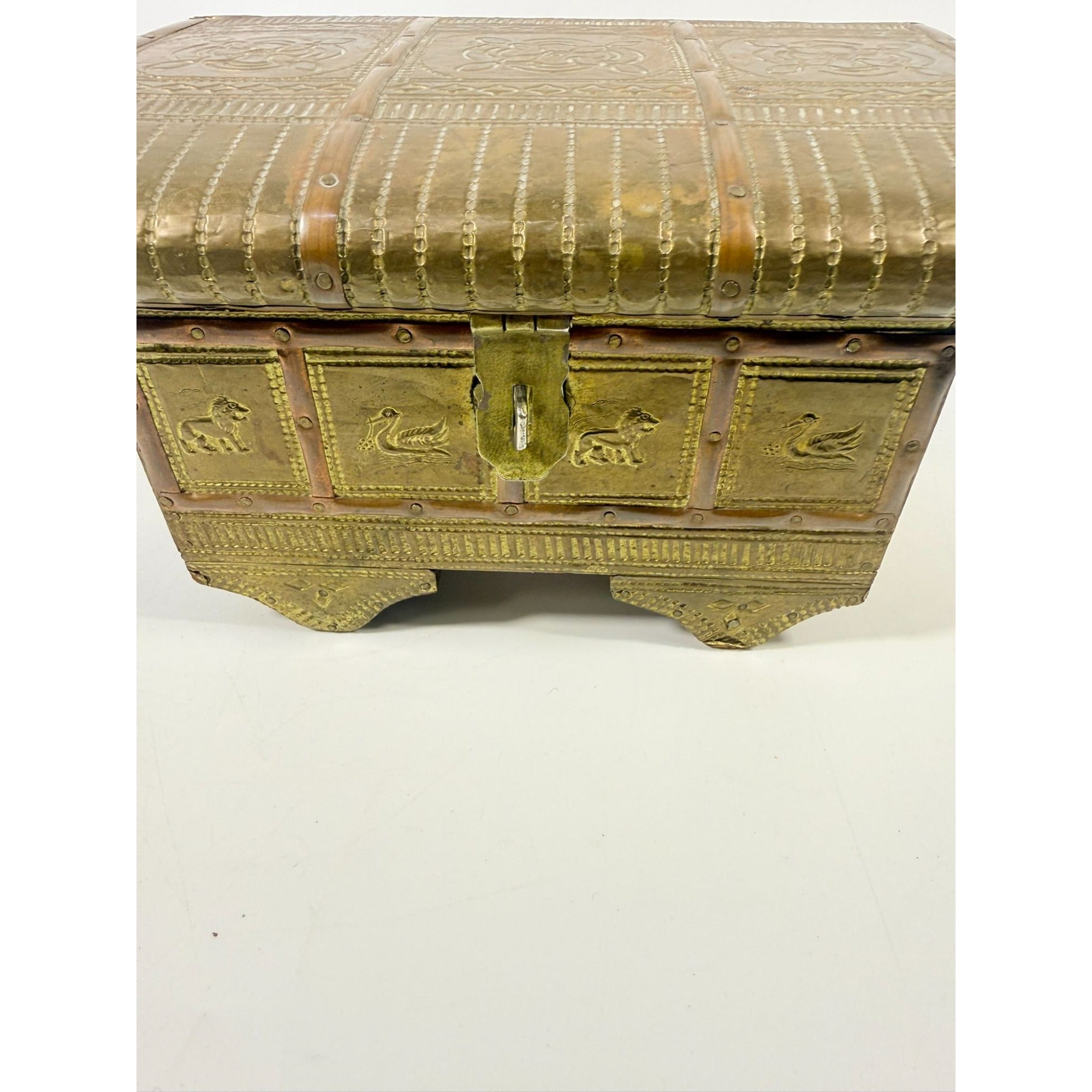 Brass Copper Jewelry Trinket Casket Hinge Box Embossed Hammered Floral Animals Vintage Indian Wood Mirror Velvet Lined Boudoir Vanity Decor