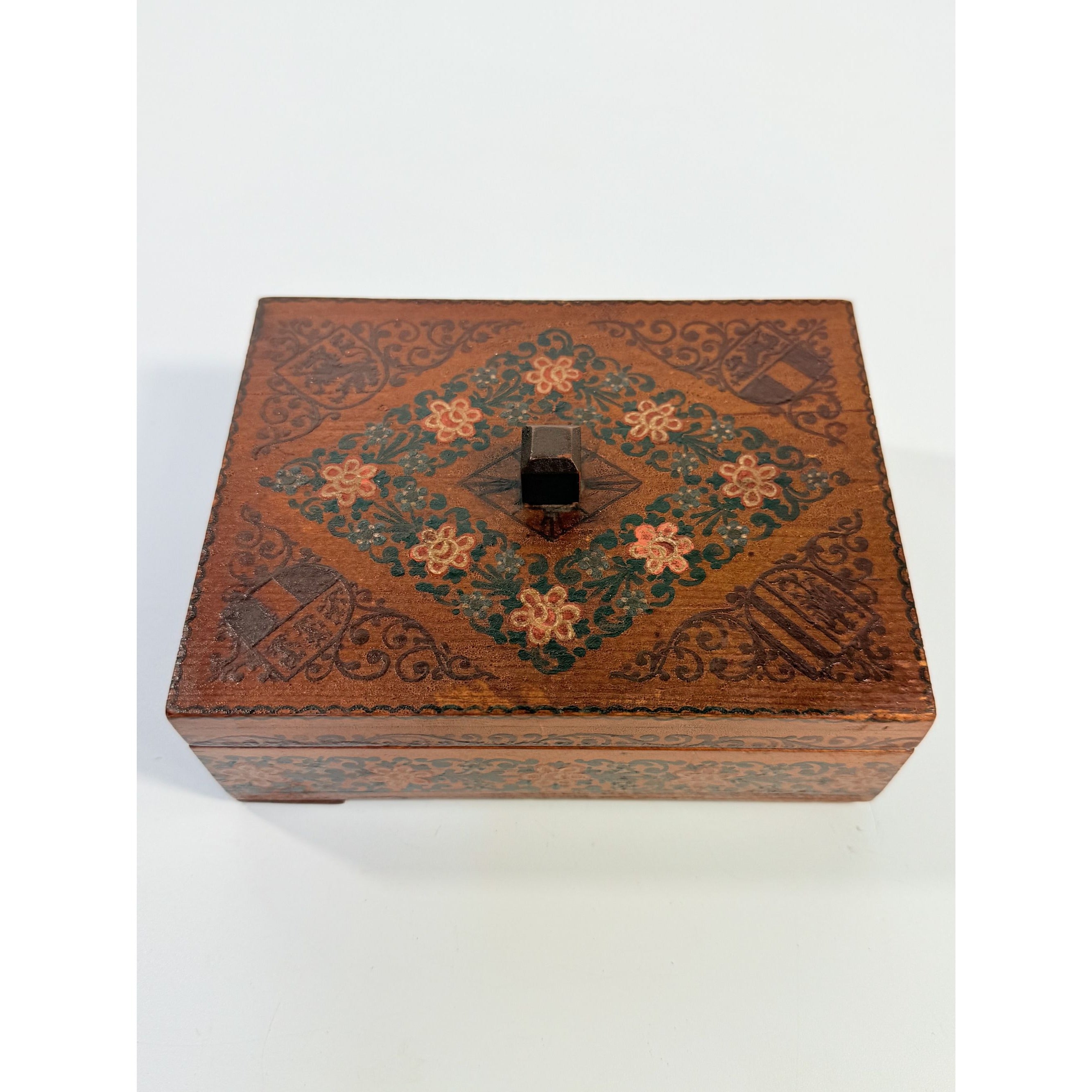 Trinket Box Wood Hand Painted  Austrian Wooden Vintage Floral Cottage Core Primitive Folk Art Hand Made Flowers Souvenir