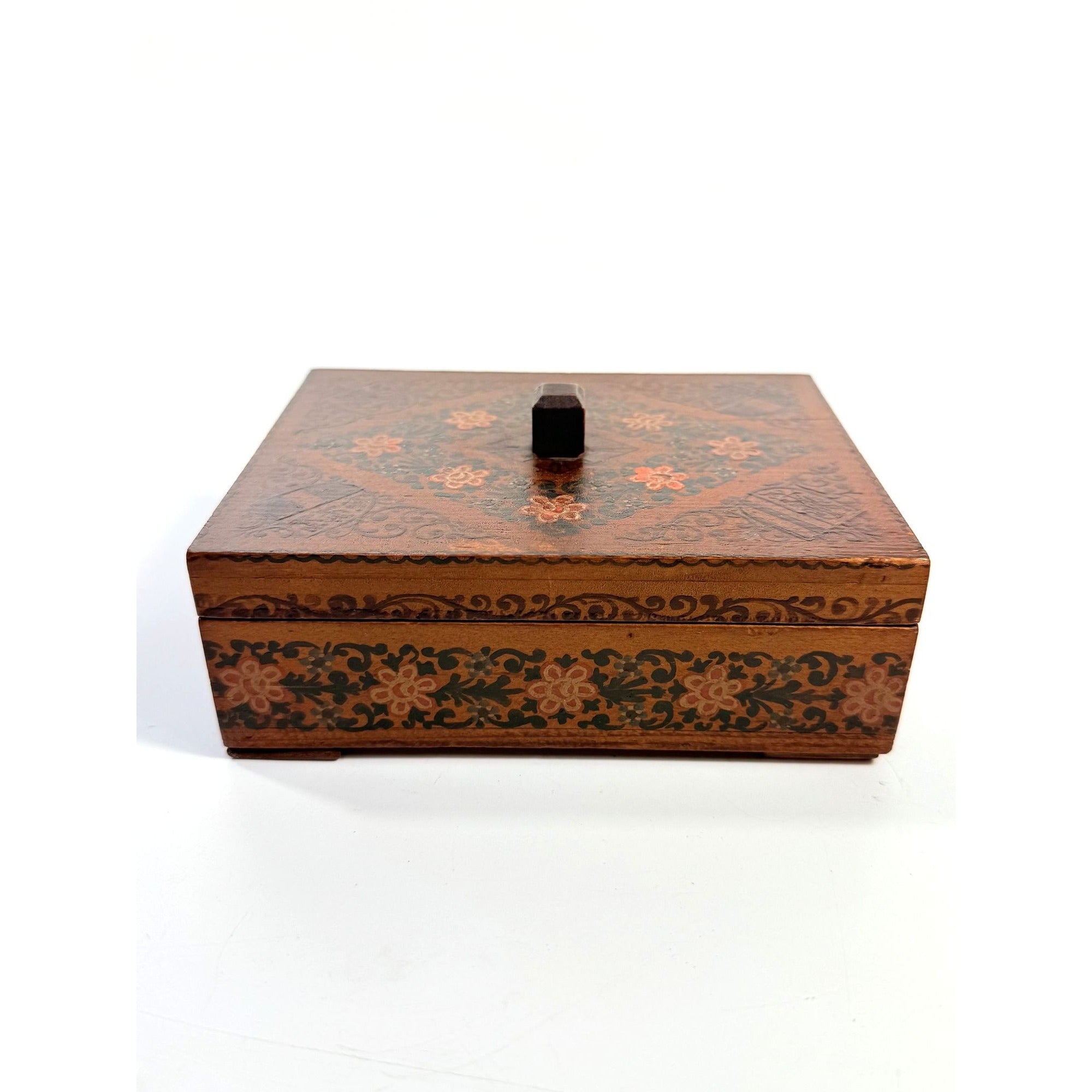 Trinket Box Wood Hand Painted  Austrian Wooden Vintage Floral Cottage Core Primitive Folk Art Hand Made Flowers Souvenir