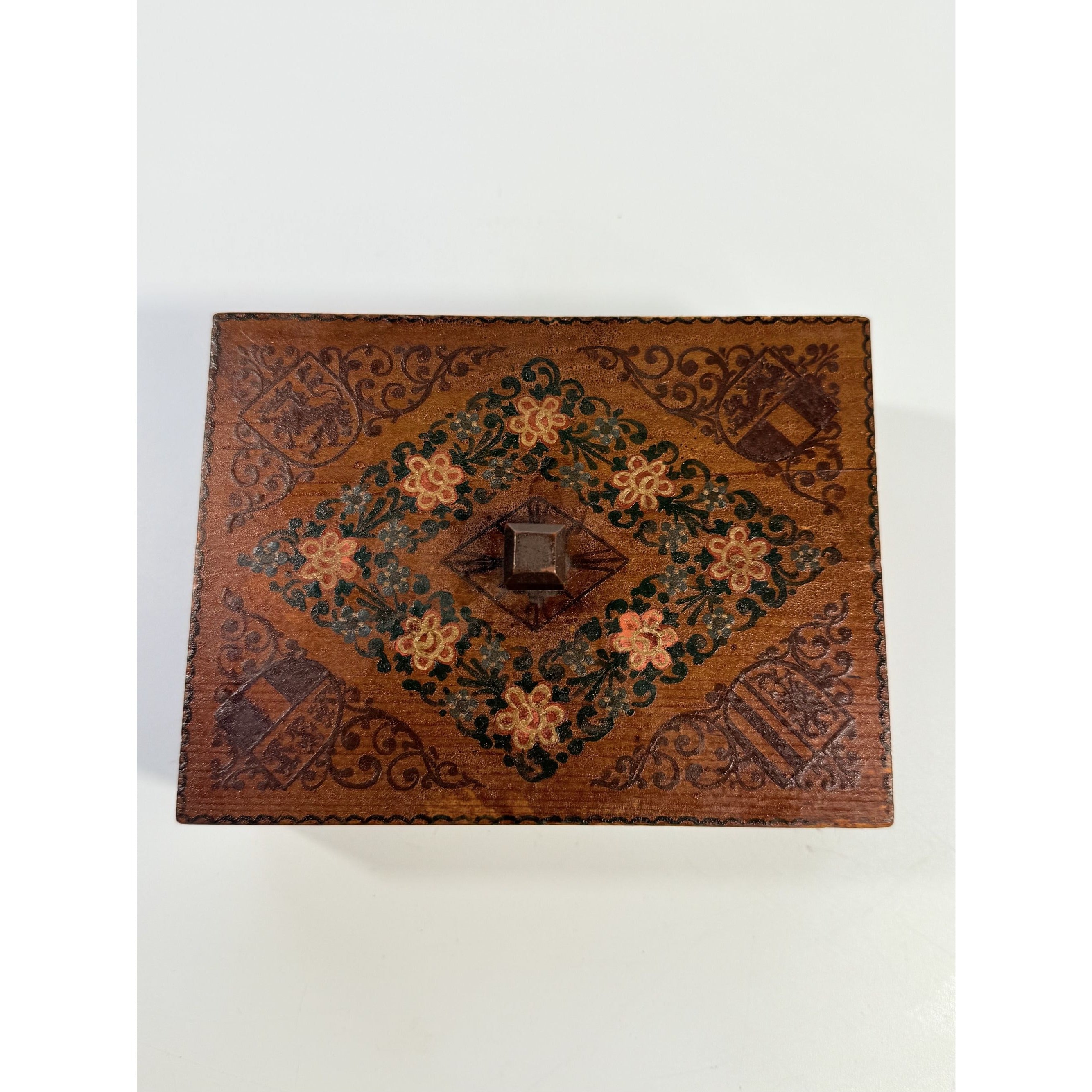 Trinket Box Wood Hand Painted  Austrian Wooden Vintage Floral Cottage Core Primitive Folk Art Hand Made Flowers Souvenir
