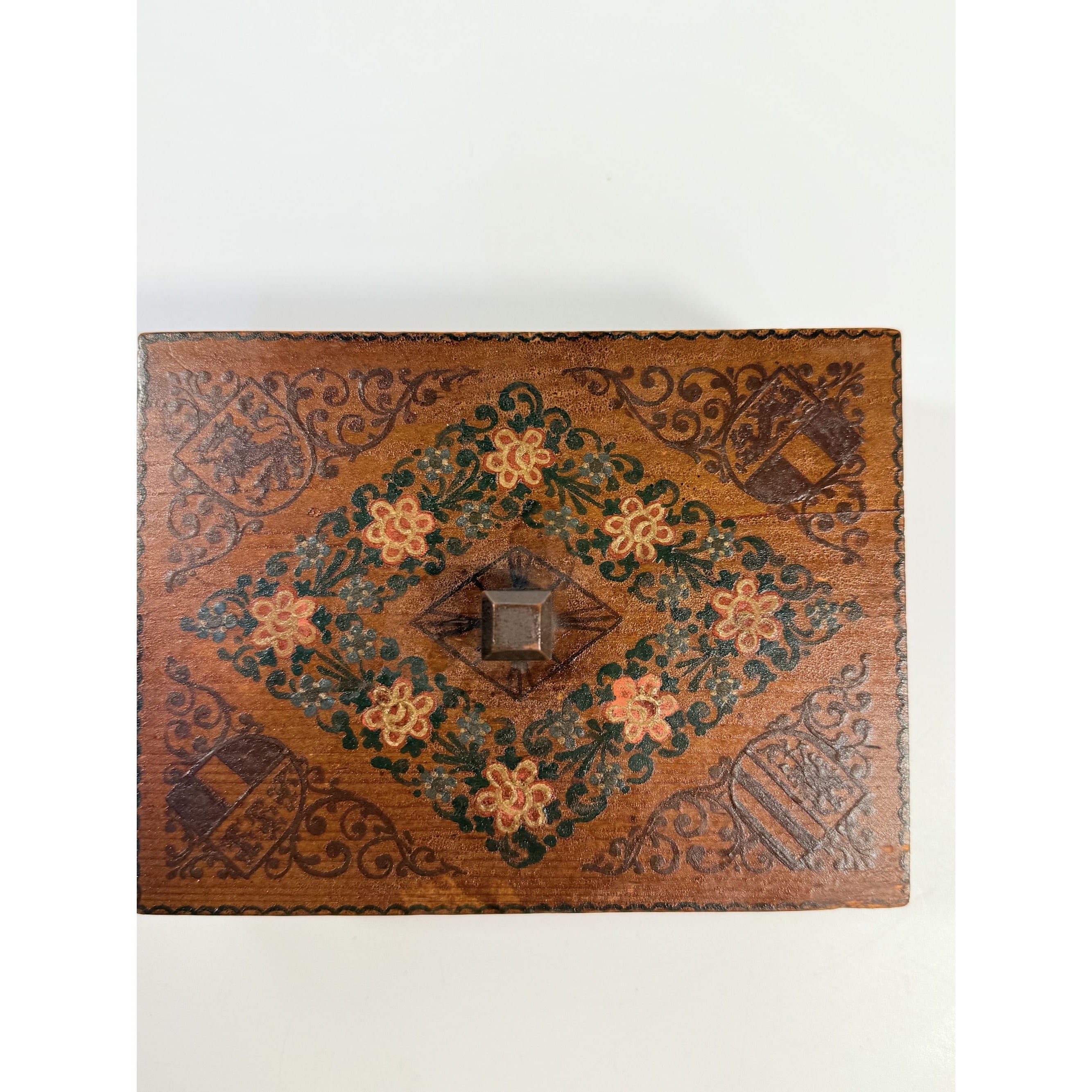 Trinket Box Wood Hand Painted  Austrian Wooden Vintage Floral Cottage Core Primitive Folk Art Hand Made Flowers Souvenir