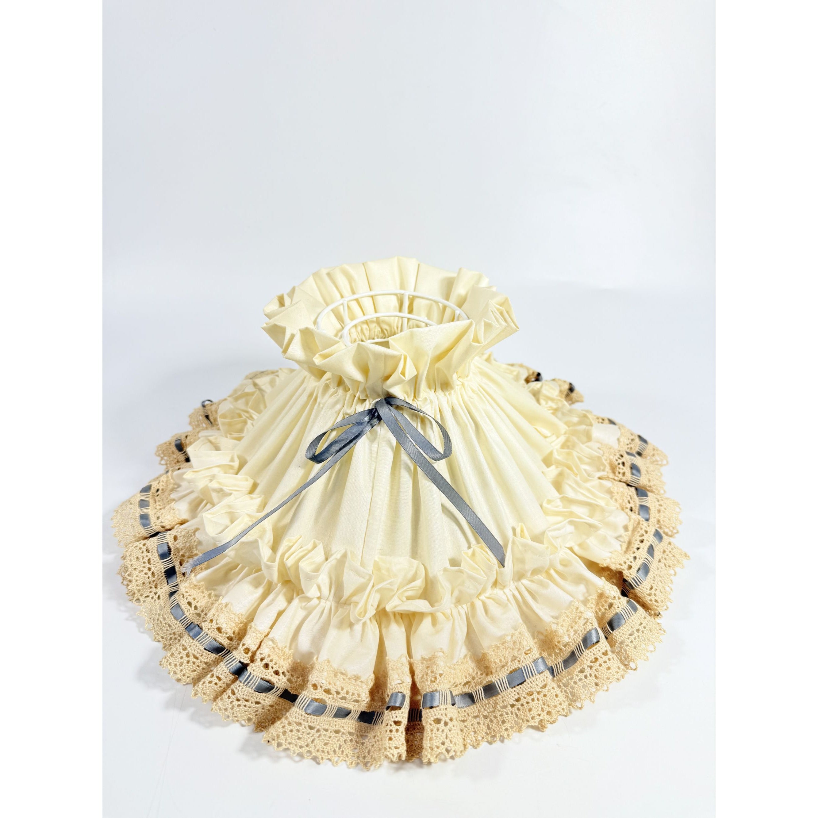Oil Lamp Shade Wire Frame Lace Ruffled Bow Blue Ribbon Handmade Vintage Farmhouse Country Primitive Cottage Granny Core Pleated Home Decor