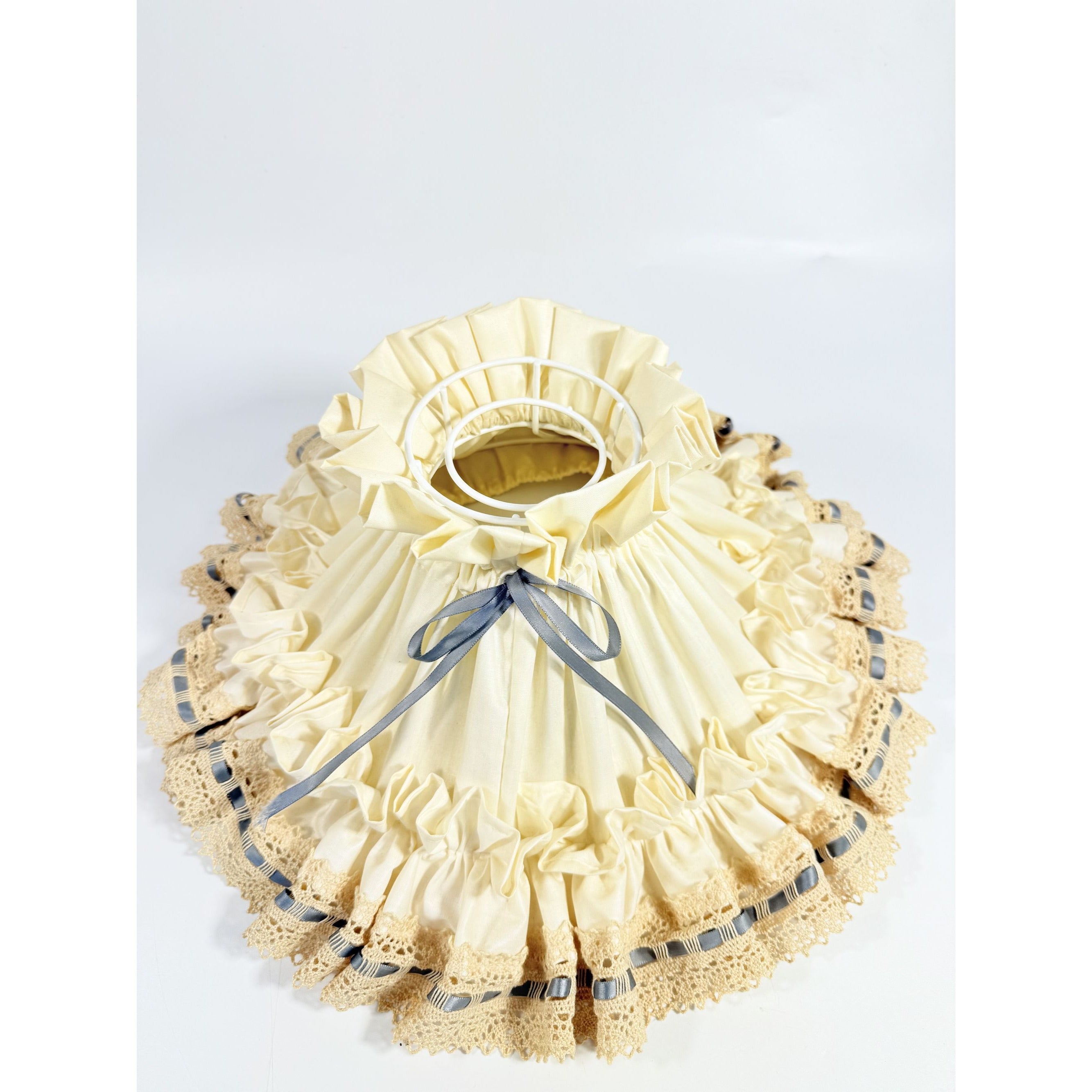 Oil Lamp Shade Wire Frame Lace Ruffled Bow Blue Ribbon Handmade Vintage Farmhouse Country Primitive Cottage Granny Core Pleated Home Decor
