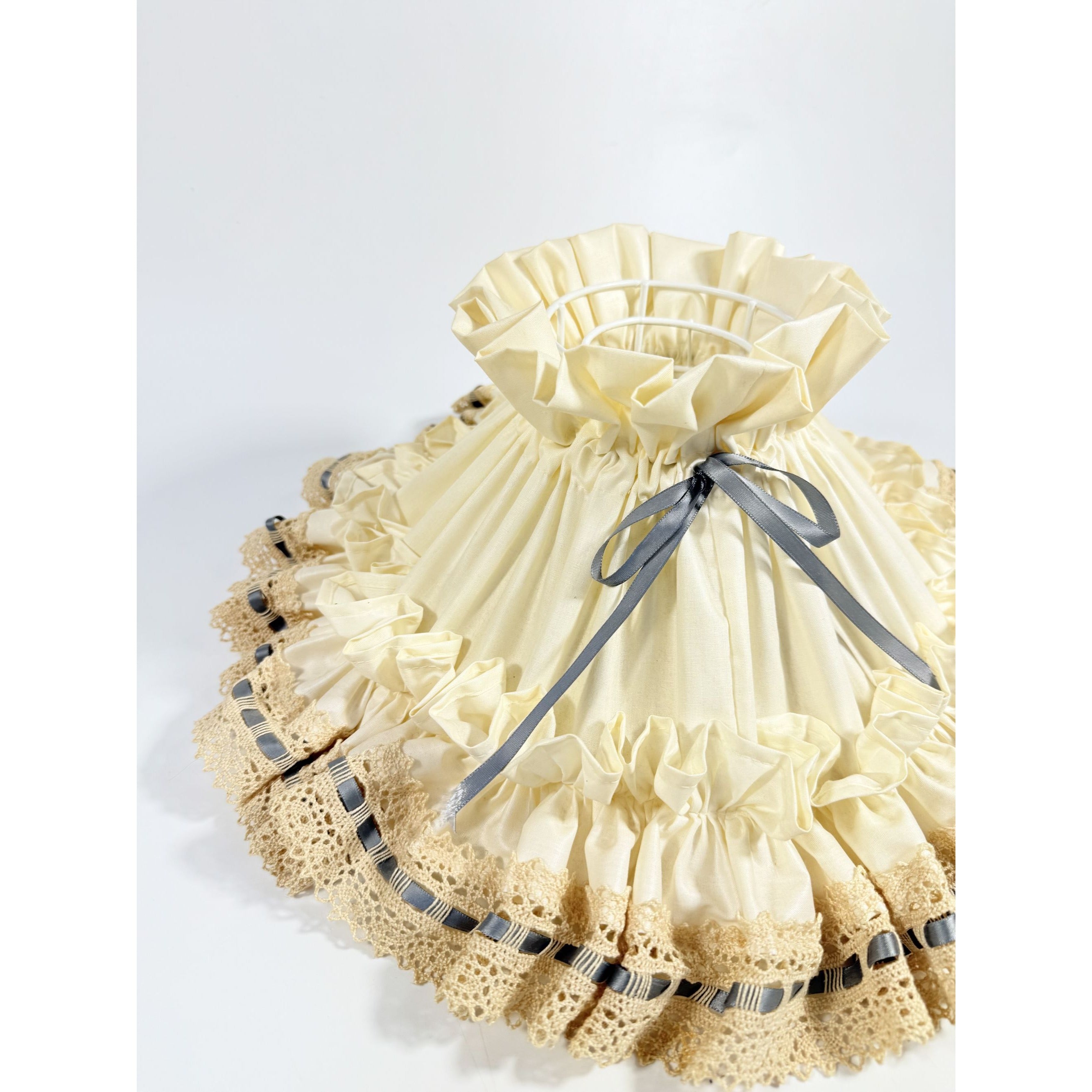 Oil Lamp Shade Wire Frame Lace Ruffled Bow Blue Ribbon Handmade Vintage Farmhouse Country Primitive Cottage Granny Core Pleated Home Decor