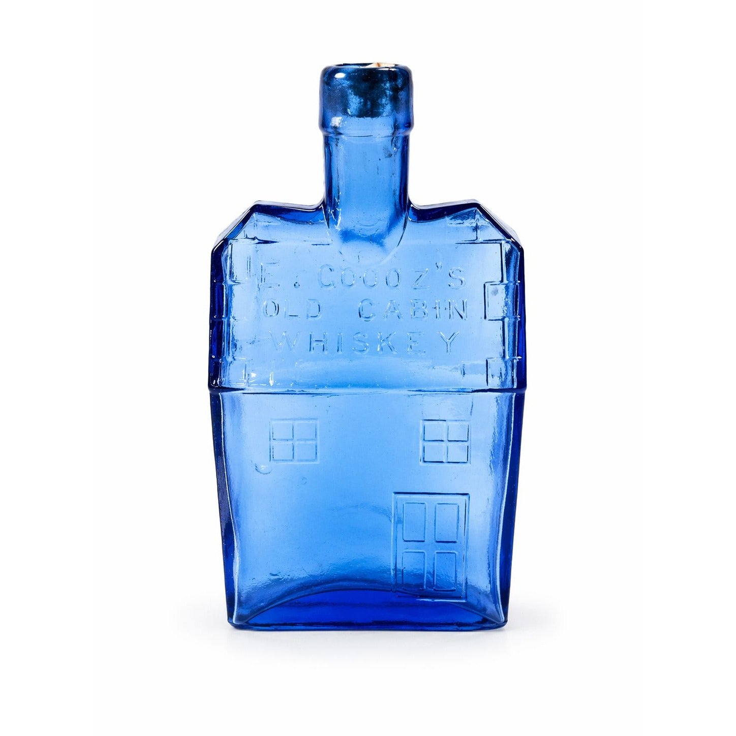Decanter Bottle EC Booz's Old Cabin Whiskey Reproduction Cobalt Blue Bubble Glass Clevenger Brothers Vintage Barware Cork Collectible