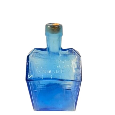 Decanter Bottle EC Booz's Old Cabin Whiskey Reproduction Cobalt Blue Bubble Glass Clevenger Brothers Vintage Barware Cork Collectible