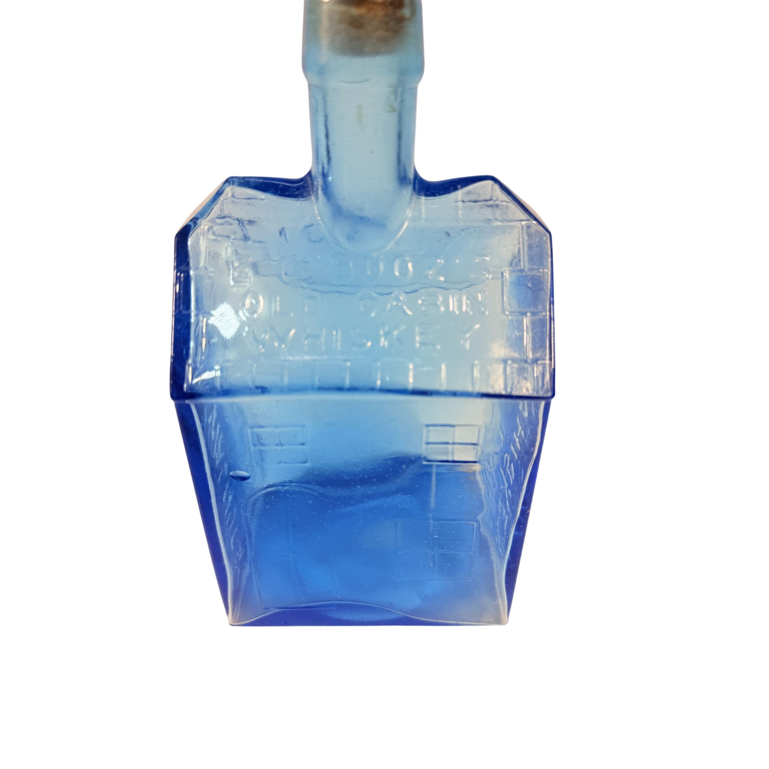Decanter Bottle EC Booz's Old Cabin Whiskey Reproduction Cobalt Blue Bubble Glass Clevenger Brothers Vintage Barware Cork Collectible