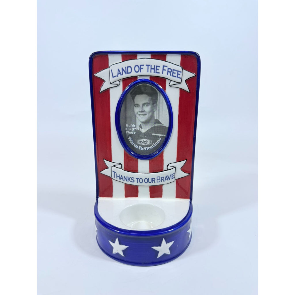 Photo Memorial Veteran Candle Holder Land of The Free Thanks to Our Brave Ceramic Picture Frame Patriotic American Vintage