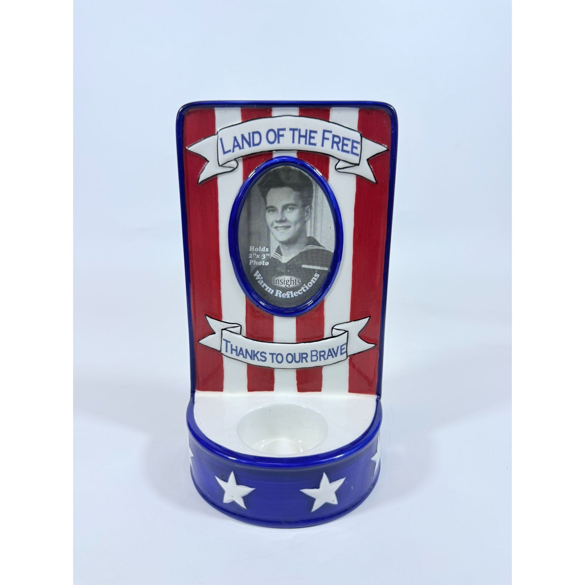 Photo Memorial Veteran Candle Holder Land of The Free Thanks to Our Brave Ceramic Picture Frame Patriotic American Vintage