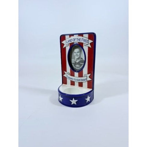 Photo Memorial Veteran Candle Holder Land of The Free Thanks to Our Brave Ceramic Picture Frame Patriotic American Vintage