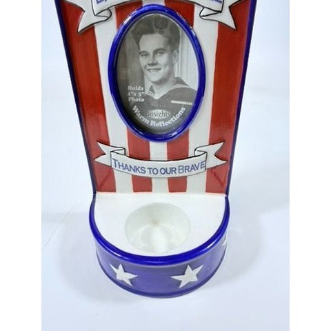 Photo Memorial Veteran Candle Holder Land of The Free Thanks to Our Brave Ceramic Picture Frame Patriotic American Vintage