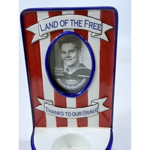 Photo Memorial Veteran Candle Holder Land of The Free Thanks to Our Brave Ceramic Picture Frame Patriotic American Vintage