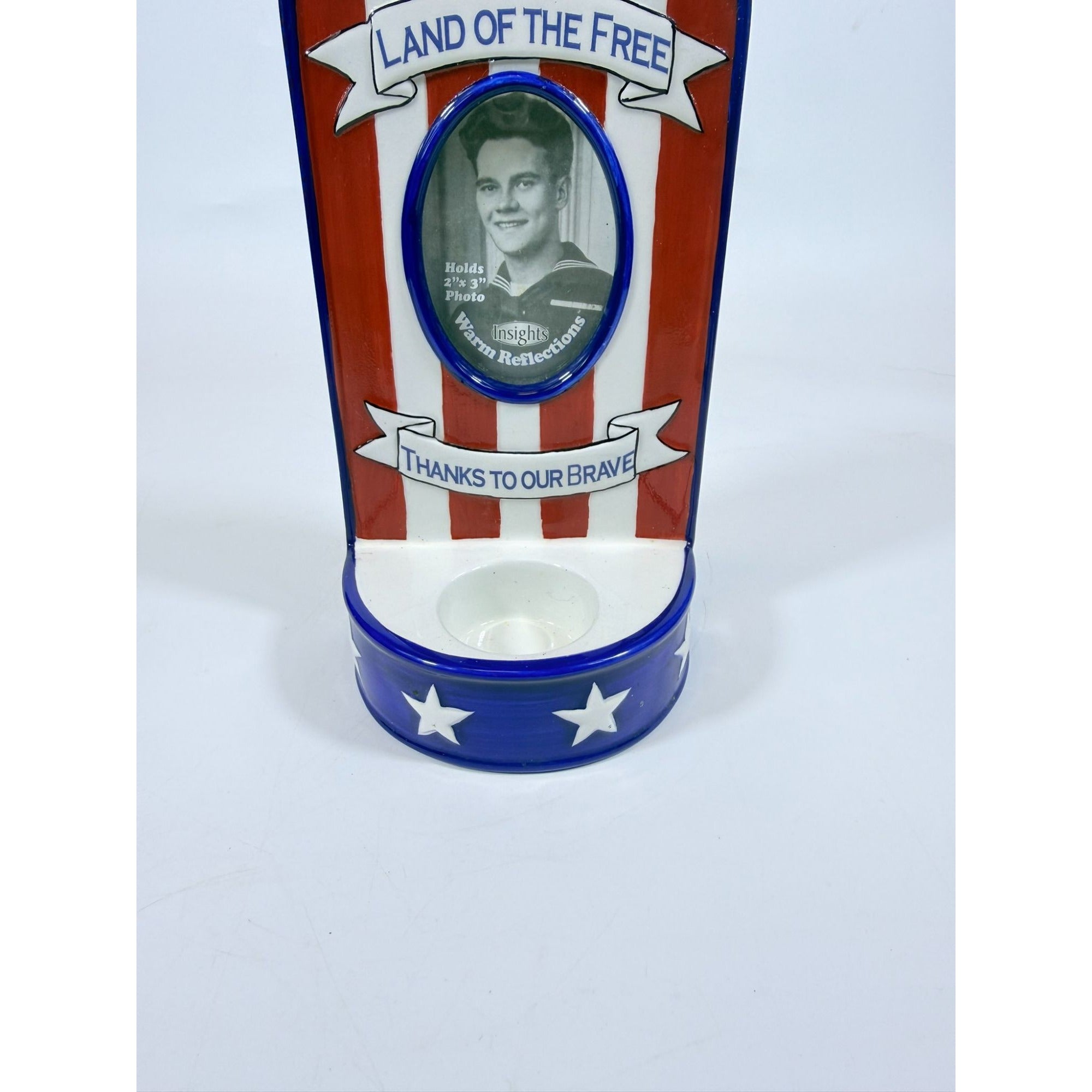 Photo Memorial Veteran Candle Holder Land of The Free Thanks to Our Brave Ceramic Picture Frame Patriotic American Vintage