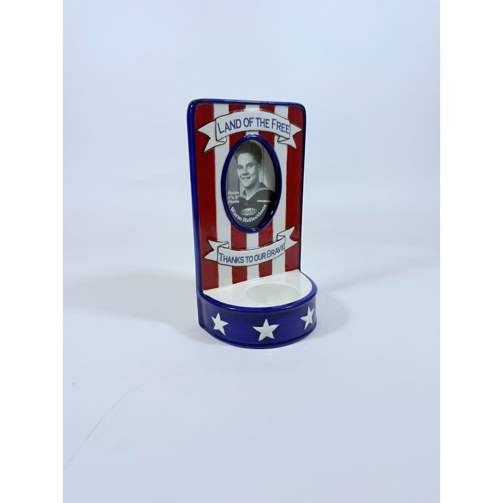 Photo Memorial Veteran Candle Holder Land of The Free Thanks to Our Brave Ceramic Picture Frame Patriotic American Vintage